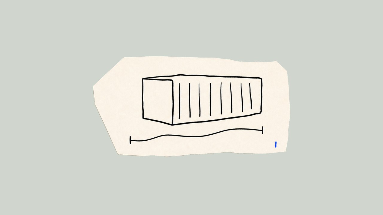 Hand-cut paper cover showing a container measure sleeve for equipment planning.